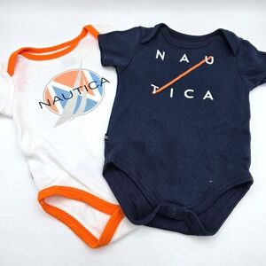 Nautica Baby Boy Bodysuits 2 Pack Navy White Orange Logo 6/9M Rompers